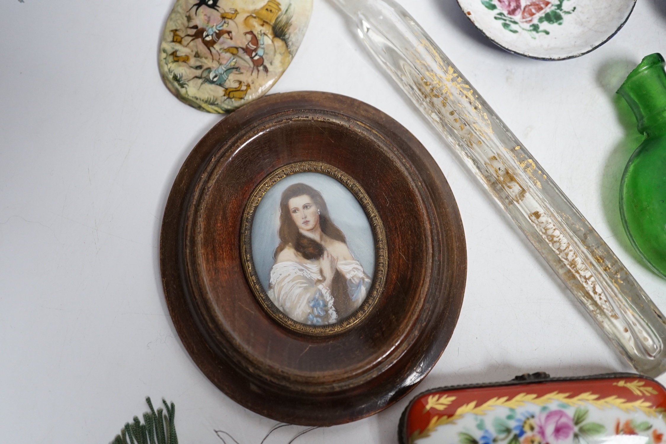 A collection of scent bottles, a miniature antiquity vessel and a miniature of a lady